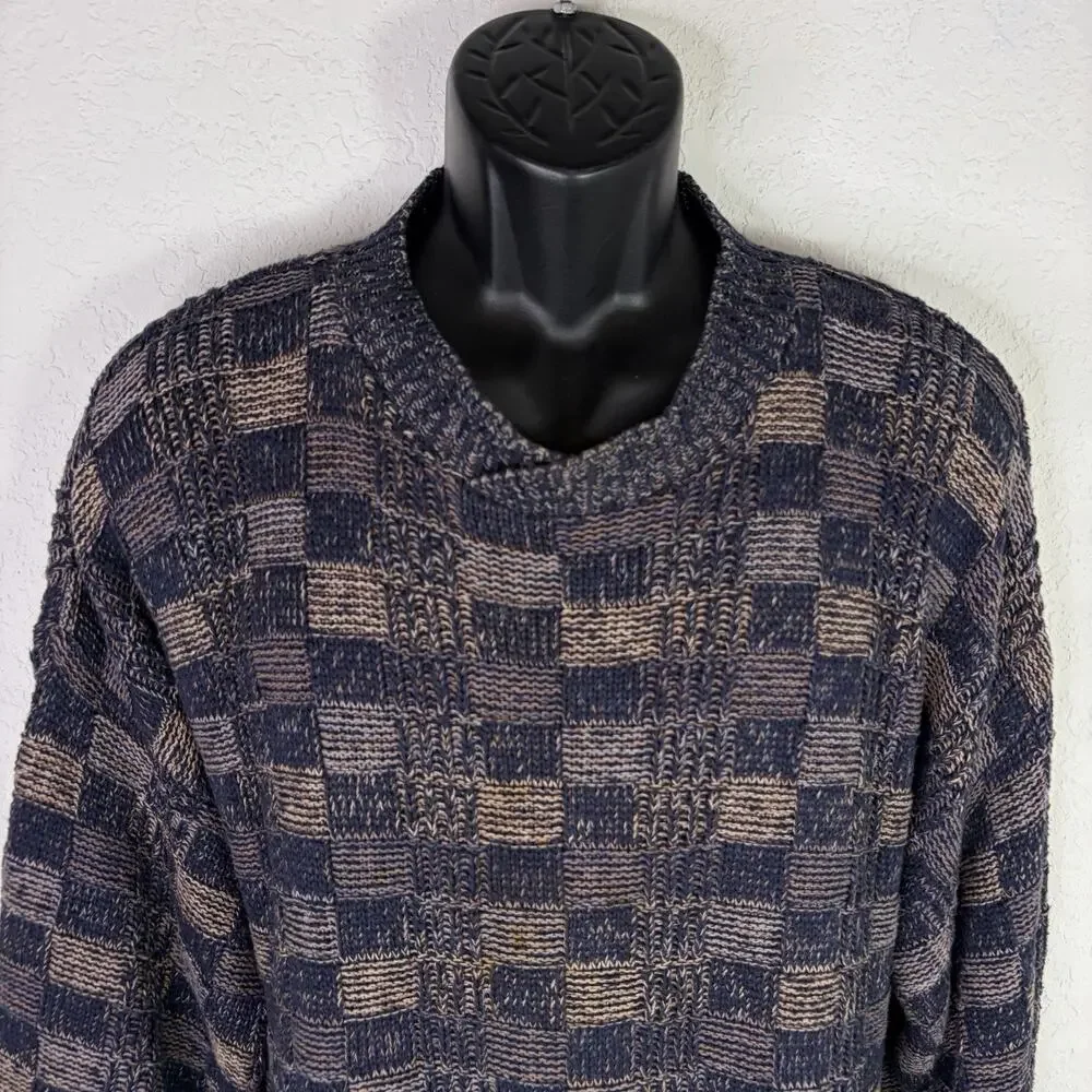 Crossings Vintage Knitted 100% Cotton Men’s Sweater Size L Checkered Made USA